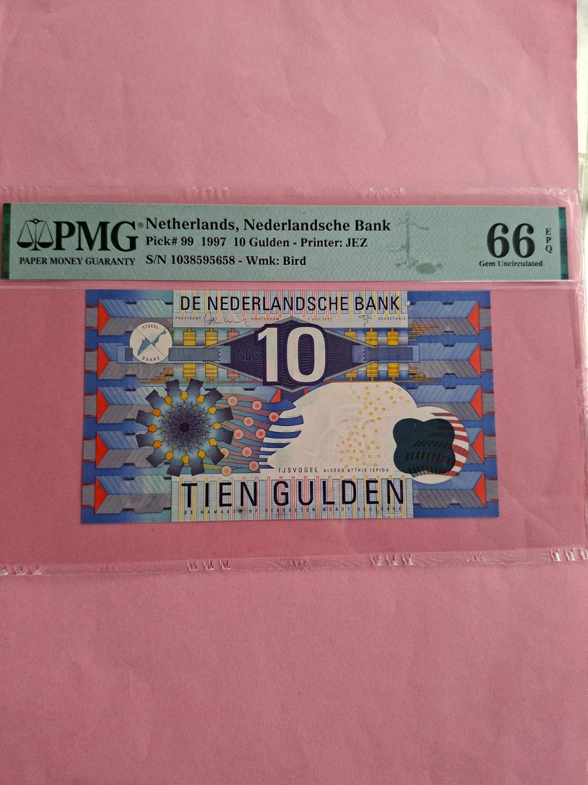 10 gulden ijsvogel proofserie uit 1997 in UNC PMG gekeurd 66, Postzegels en Munten, Bankbiljetten | Nederland, Ophalen of Verzenden