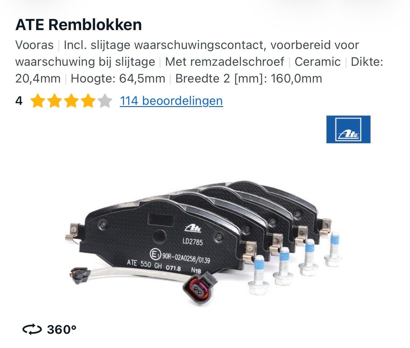 Nieuwe ATE Remblokken voor Volkswagen Polo 2020, Ophalen, Nieuw, Volkswagen