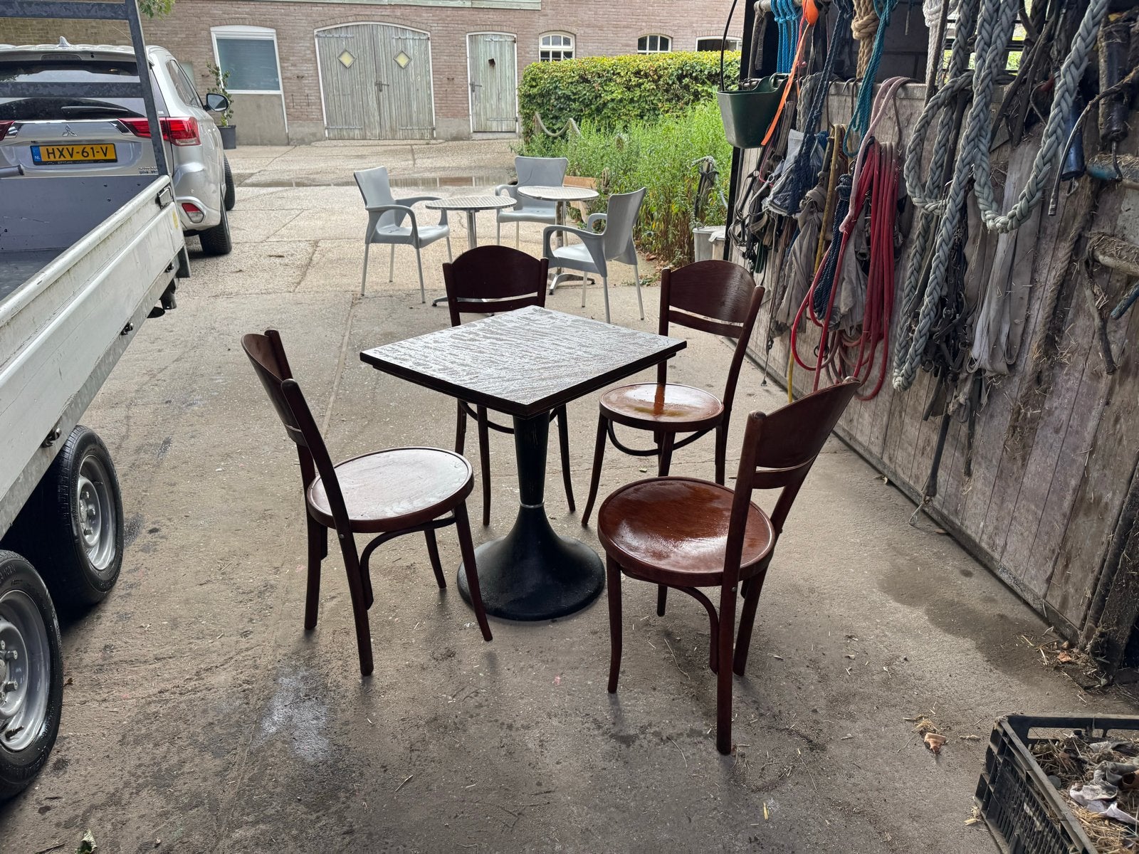 Houten caféstoelen en tafels - Gebruikt, Minder dan 50 cm, Gebruikt, Vierkant, Ophalen of Verzenden
