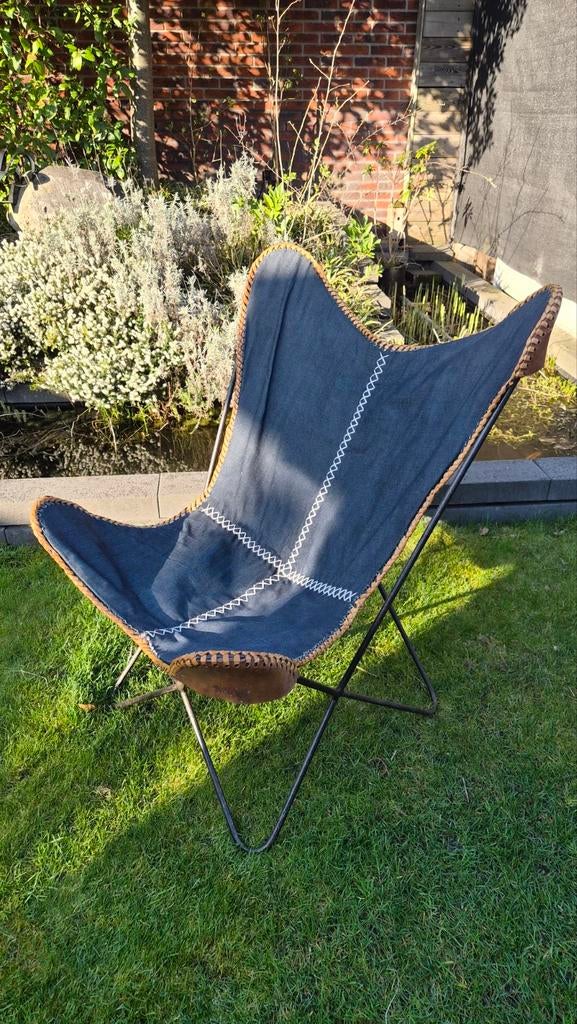 Handgemaakte Kare Design Vlinderstoel - Denim & Leer, Ophalen, Blauw, Leer, Zo goed als nieuw