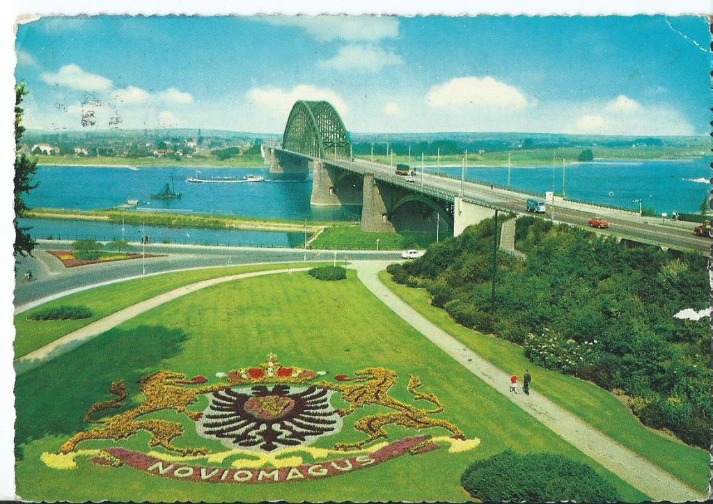 Ansichtkaart Nijmegen, Waalbrug met wapen, Noviomagus, Ophalen of Verzenden, 1960 tot 1980, Gelopen, Gelderland