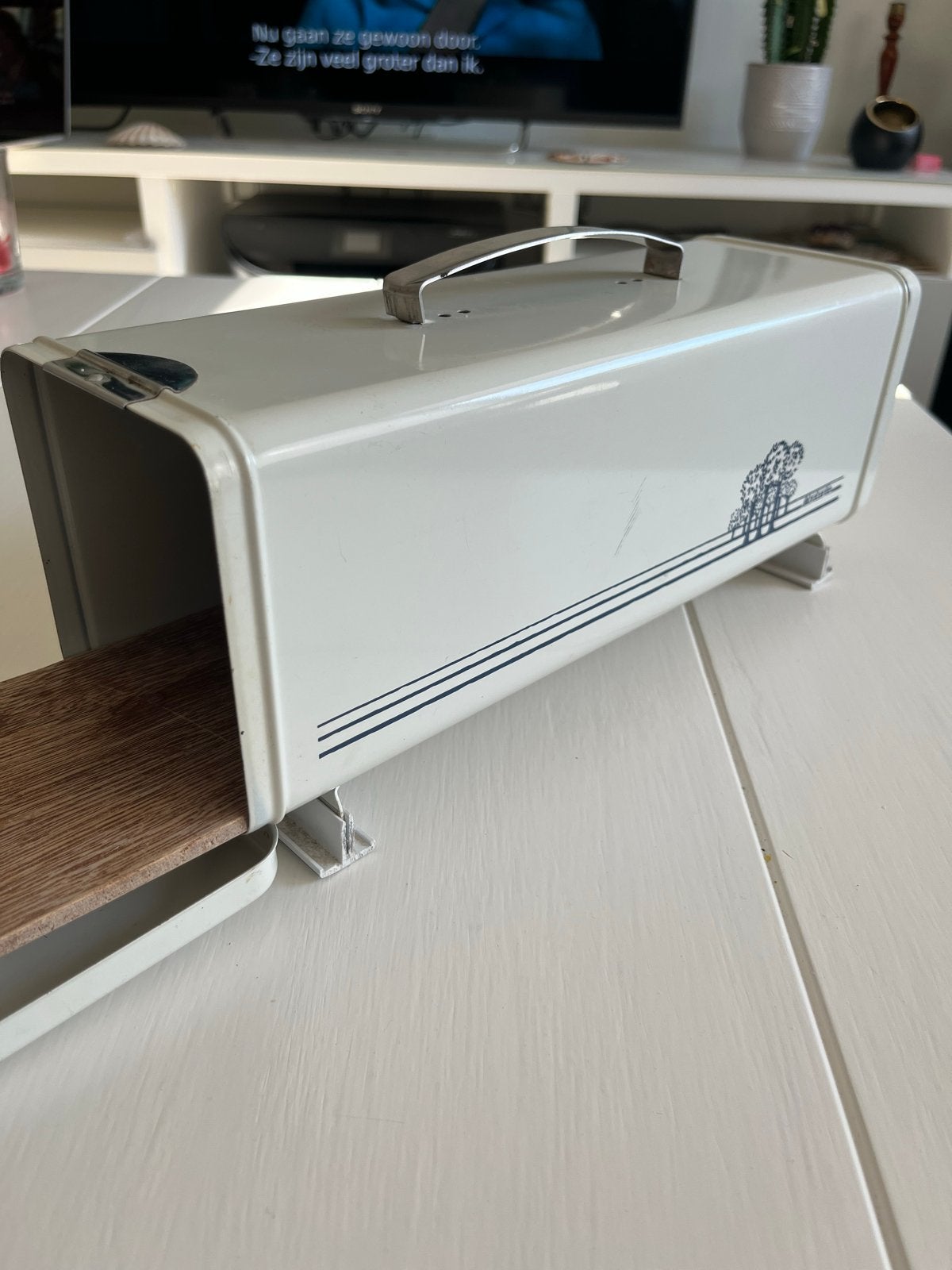 Vintage Brabantia Broodtrommel - Crème met Blauw Decor, Beige, Gebruikt, Ophalen of Verzenden, Metaal