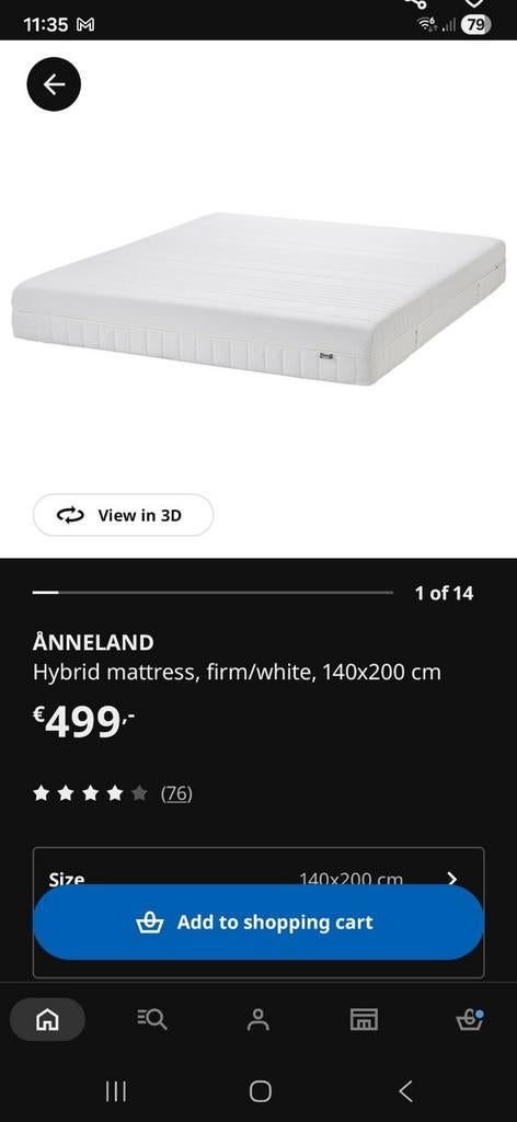 IKEA ÅNNELAND Hybride matras, stevig, 140x200 cm, Ophalen, Tweepersoons, 140 cm, Zo goed als nieuw