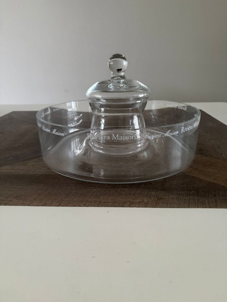 Ronde glazen Rivièra Maison schaal met voorraadpotje, Ophalen, Zo goed als nieuw, Rond, Glas