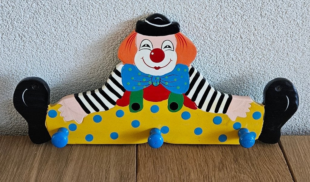 Clown kinderkapstok hout 3xknop, 35x18 gaaf vrolijk vintage!, Ophalen of Verzenden, Nieuw, Wanddecoratie