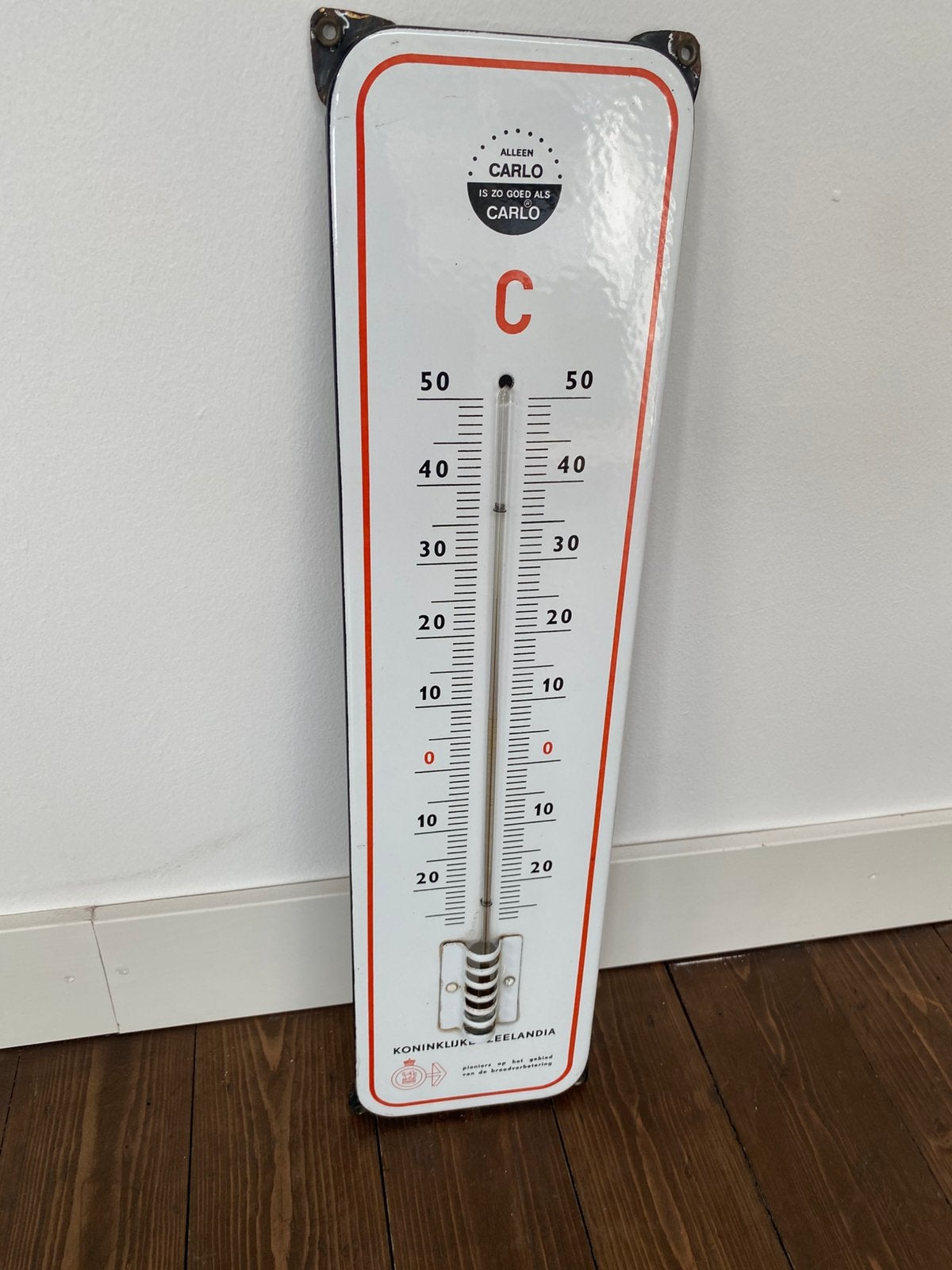 Emaille bord,Carlo Thermometer Koninklijke Zeelandia, Ophalen of Verzenden, Gebruikt, Reclamebord