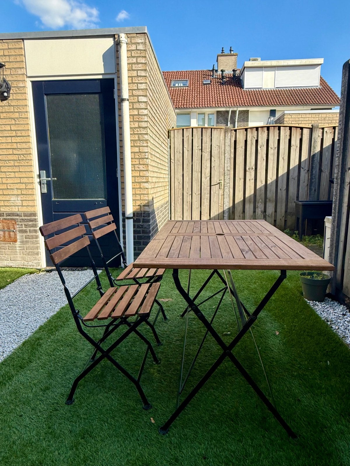 Complete inklapbare tuinset met 6 stoelen (hout/metaal), Ophalen, Gebruikt, Eettafel, 6 zitplaatsen