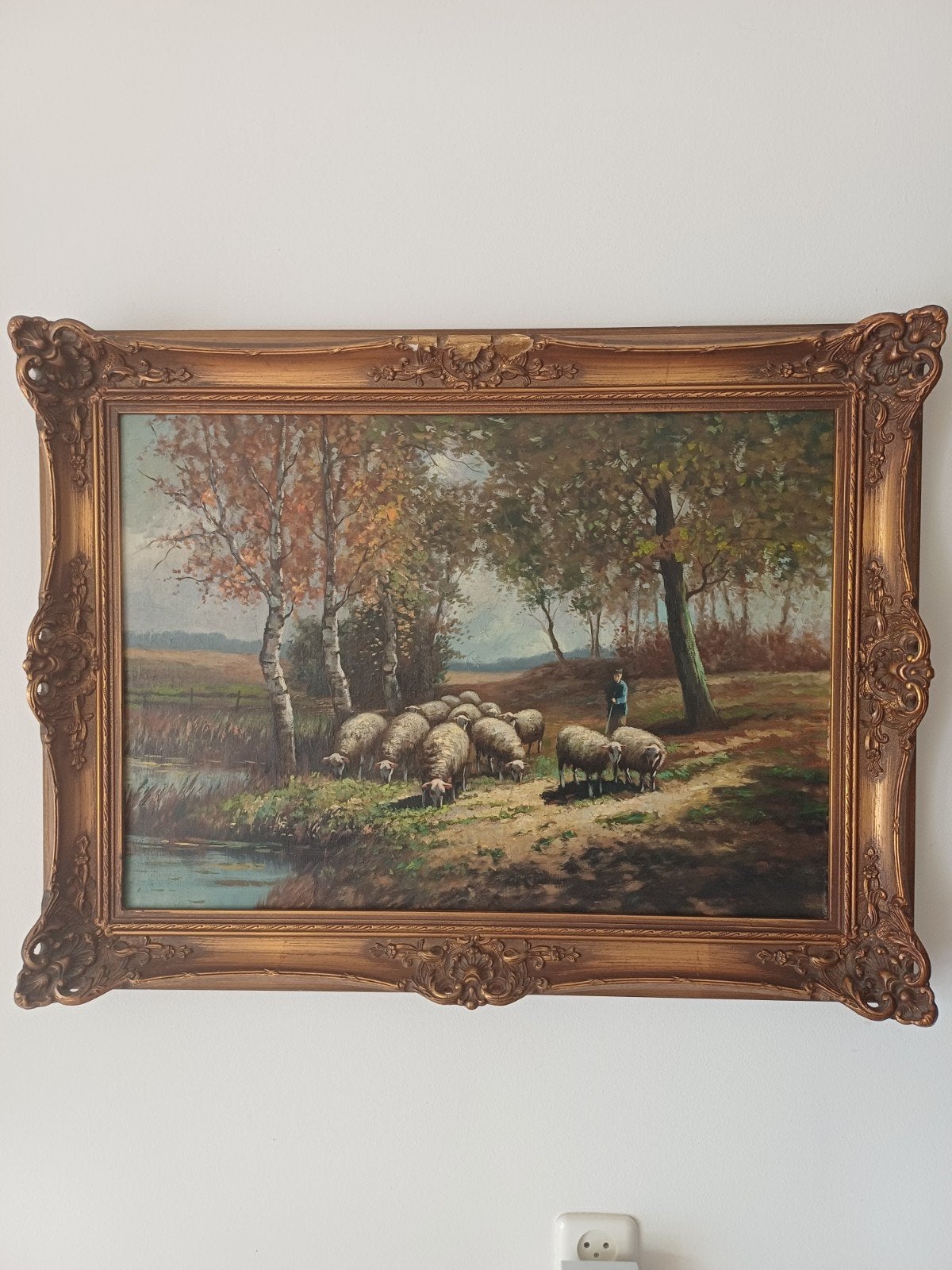 Schilderij schapen met herder van T. Wouterse, Antiek en Kunst, Ophalen, Doek, Realistisch, Dieren