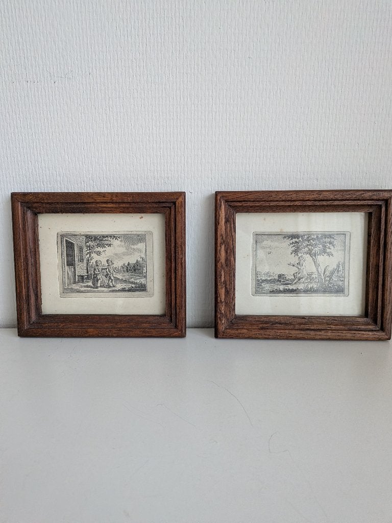 Twee antiek ingelijste prentjes (18e eeuw), Antiek en Kunst, Gravure, 14 cm, 1700 - 1799, Ingelijst