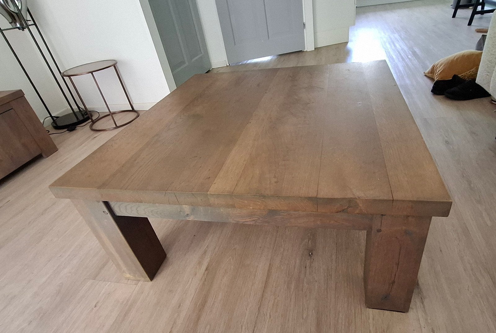 Teakhouten salontafel,  greywash,  99x99 cm, Ophalen, 50 tot 100 cm, 50 tot 100 cm, Zo goed als nieuw