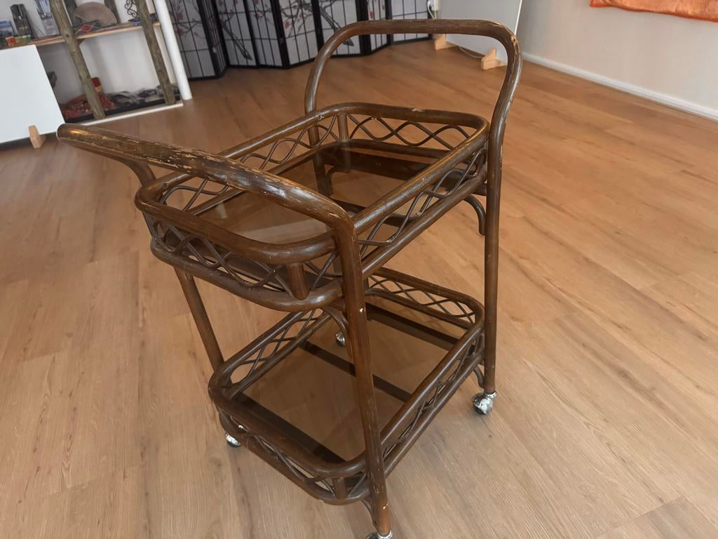 Vintage houten theetafel/bijzettafel, Ophalen, Gebruikt, 55 tot 75 cm, Overige vormen
