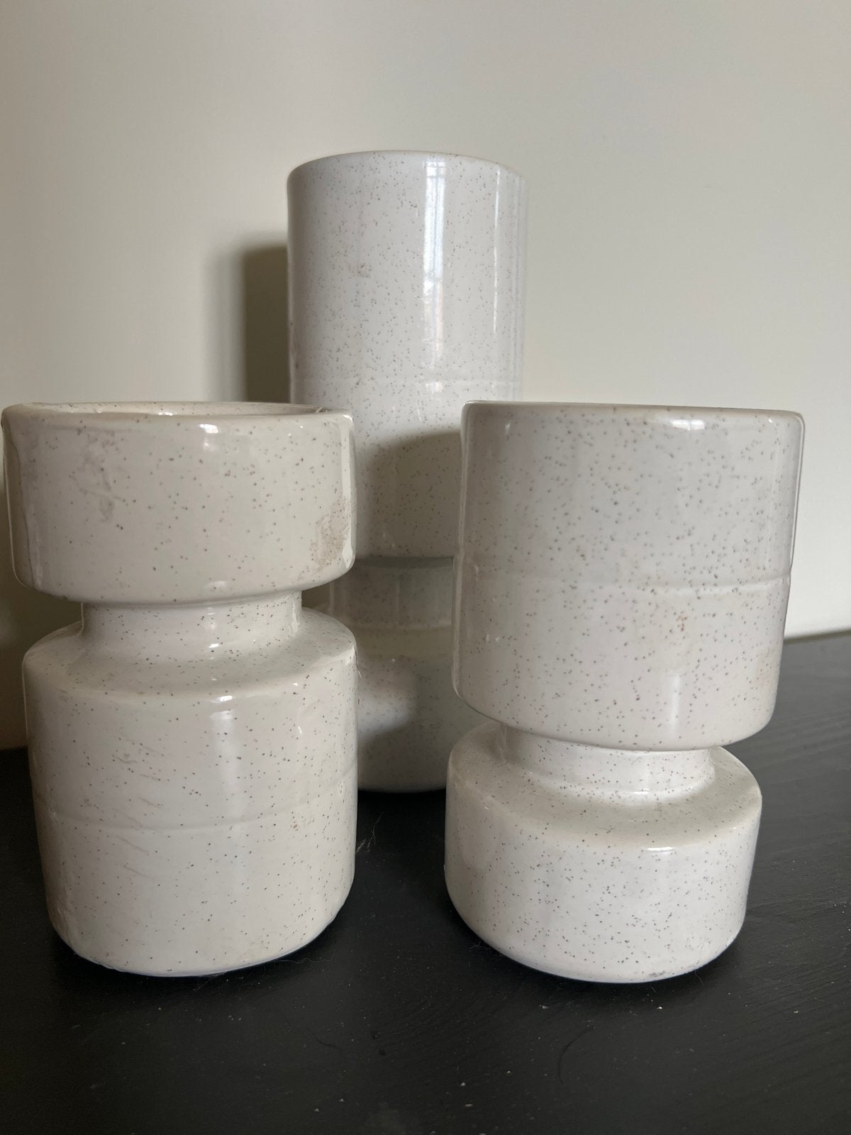 Set van 3 keramische kandelaars - Wit gespikkeld, Ophalen, Keramiek of Aardewerk