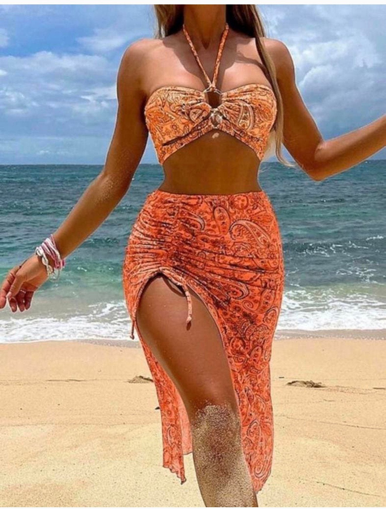 3-delige Bikini Set met Rok bruin Oranje Paisley XL Nieuw, Bruin, Nieuw, Ophalen of Verzenden, H