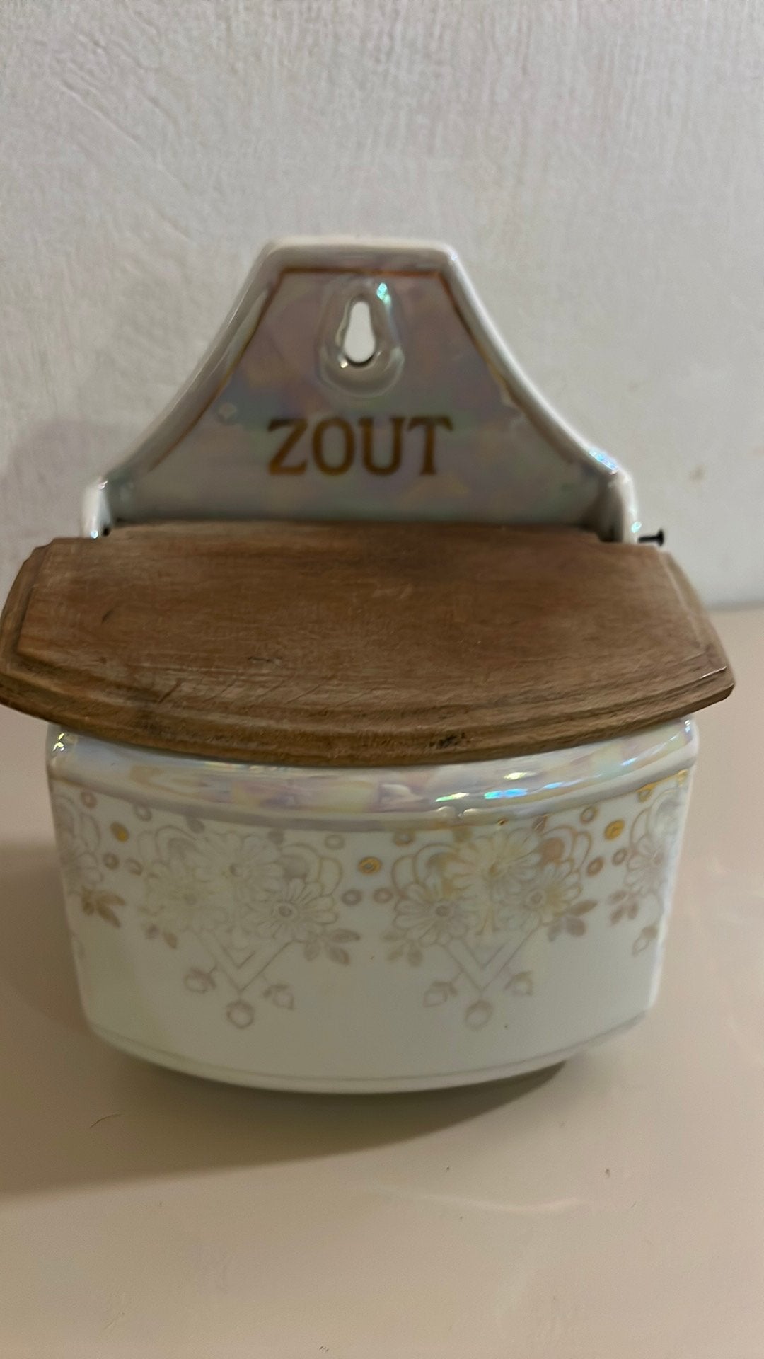 Brocante zoutpot.  Parelmoer opdruk., Ophalen of Verzenden