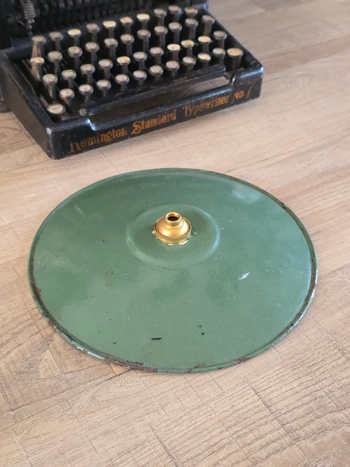 Prachtige antieke Franse groen emaille lampenkap met koperen, Ophalen of Verzenden