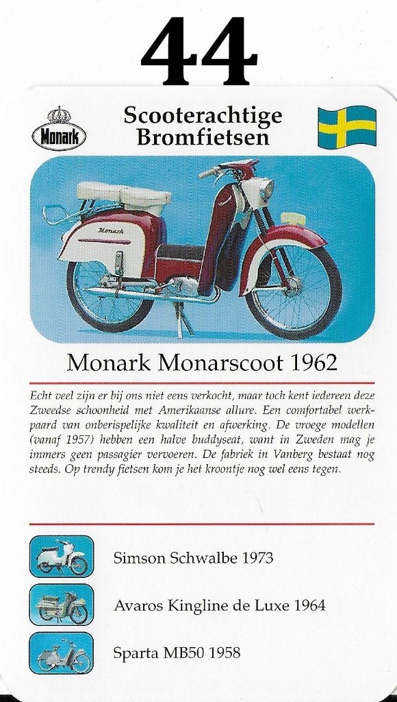 Verzamelkaartje 44 bromfiets monark monarscoot ( 1962 ), Ophalen of Verzenden, Zo goed als nieuw, Motoren