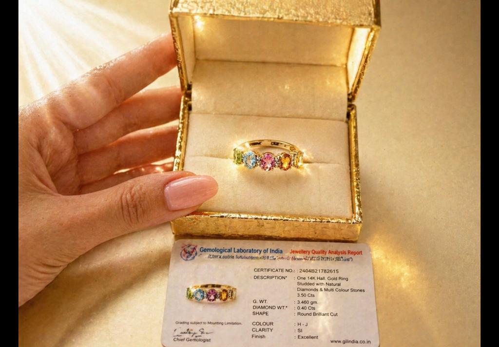 Ring goud met diamanten  en diverse edelstenen., Nieuw, Ophalen of Verzenden, 17 tot 18, Dame