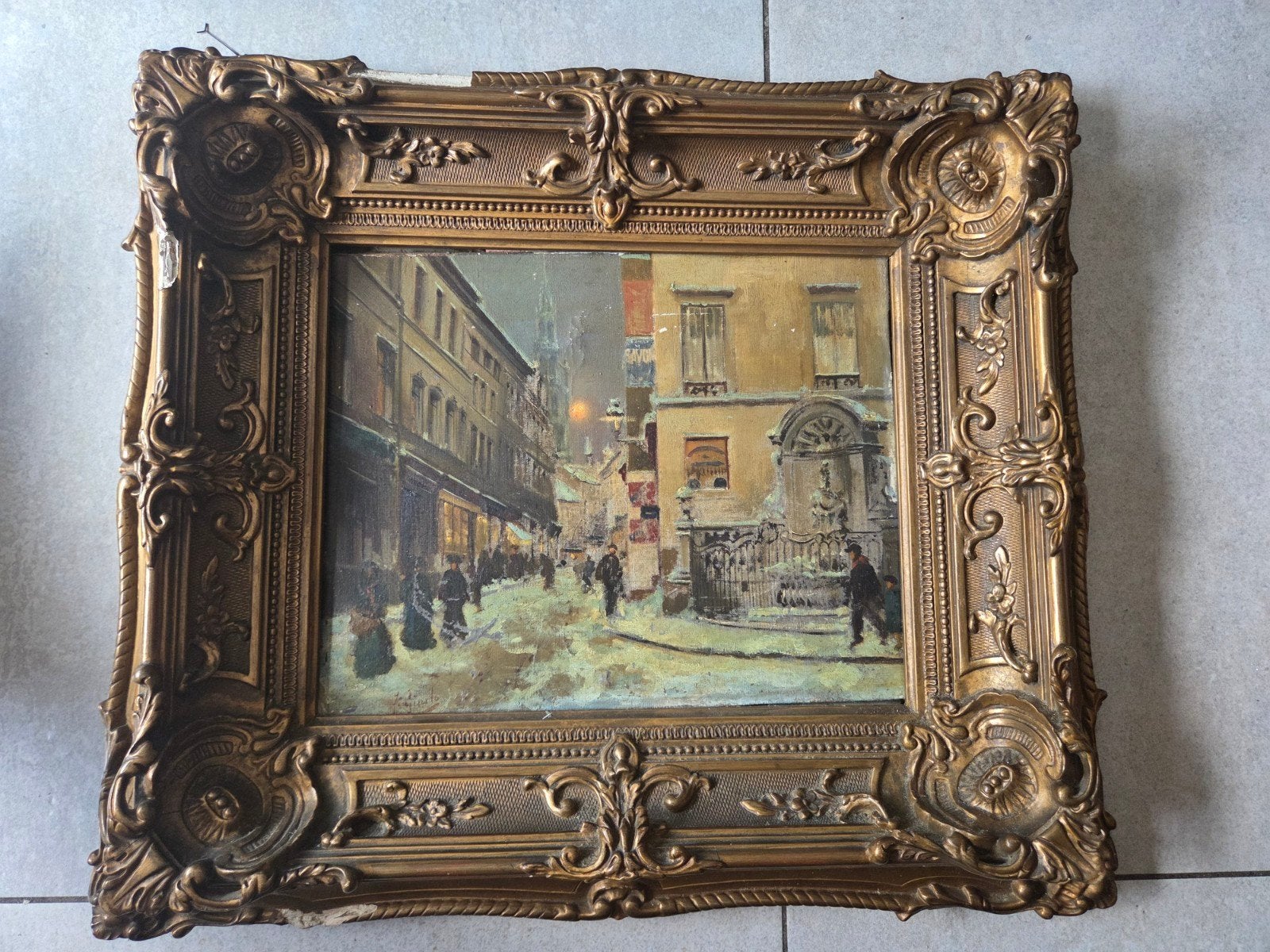 Fausto Giusto - olieverf op doek Straatgezicht  (met beschad, Antiek en Kunst, Doek, Ophalen of Verzenden, Olieverf, Gesigneerd