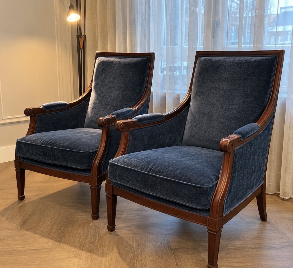 Set van 2 klassieke Engelse fauteuils donkerblauw, Ophalen, Hout, Gebruikt, 75 tot 100 cm
