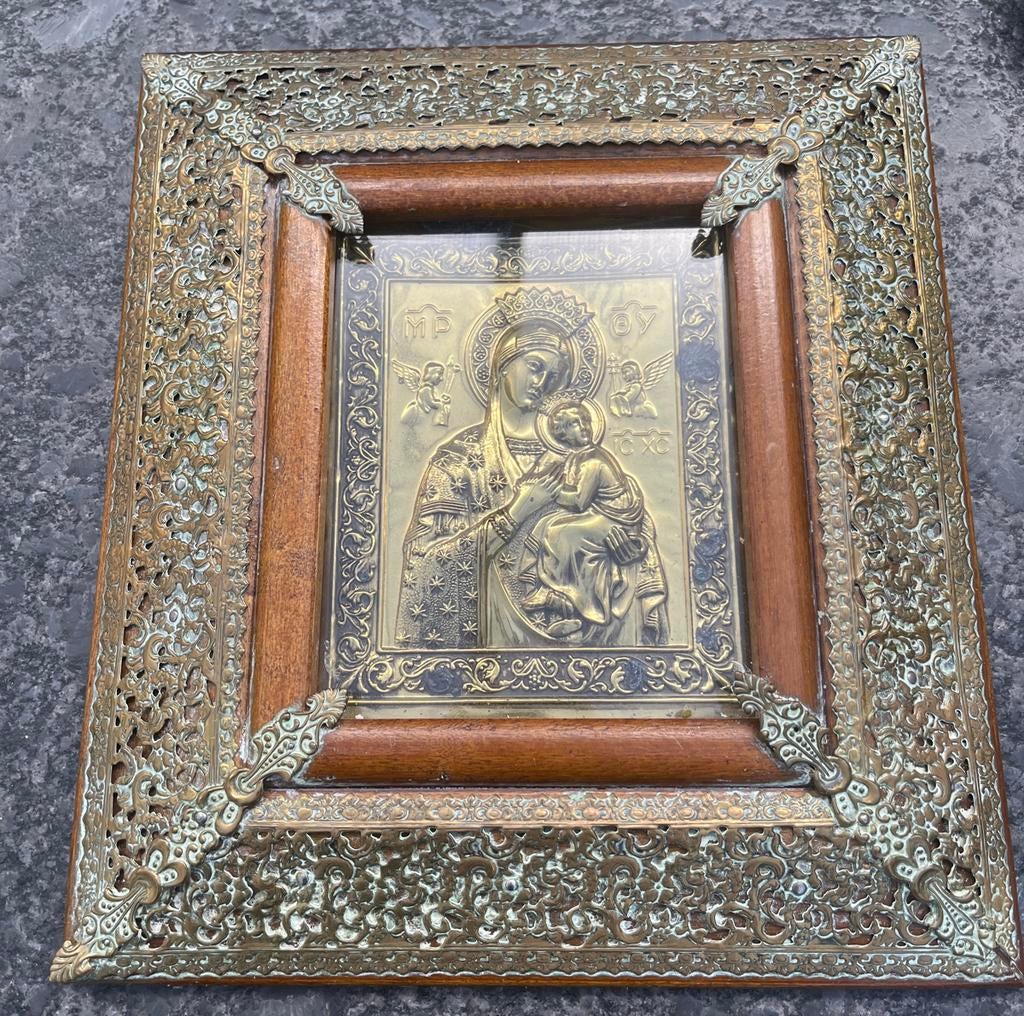 Antieke koperen icoon van Maria met kindje Jezus, Antiek en Kunst, Ophalen of Verzenden