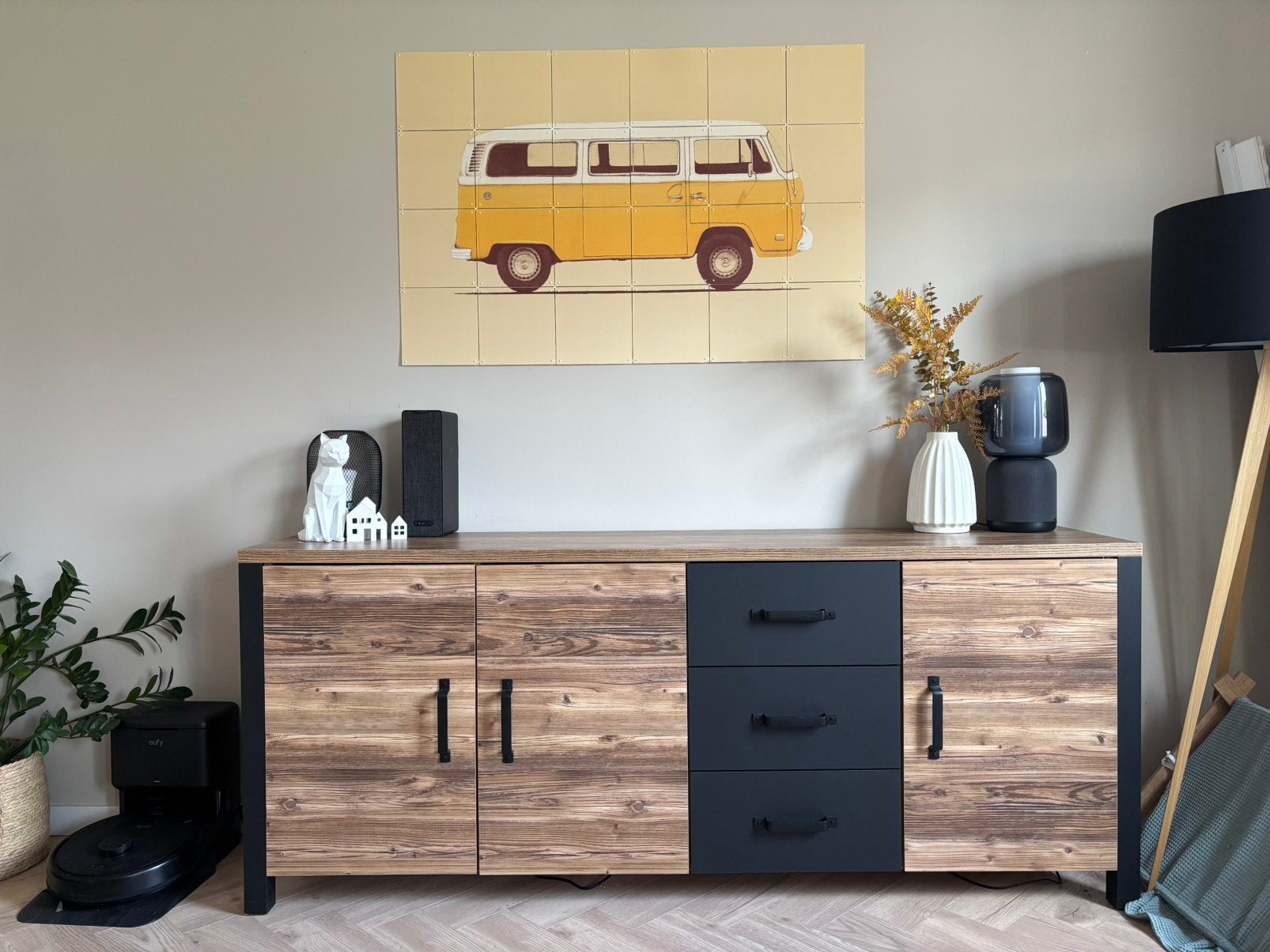 Meubella Olivia dressoir 192 cm zwart/eiken 3 deuren 3 lades, Ophalen