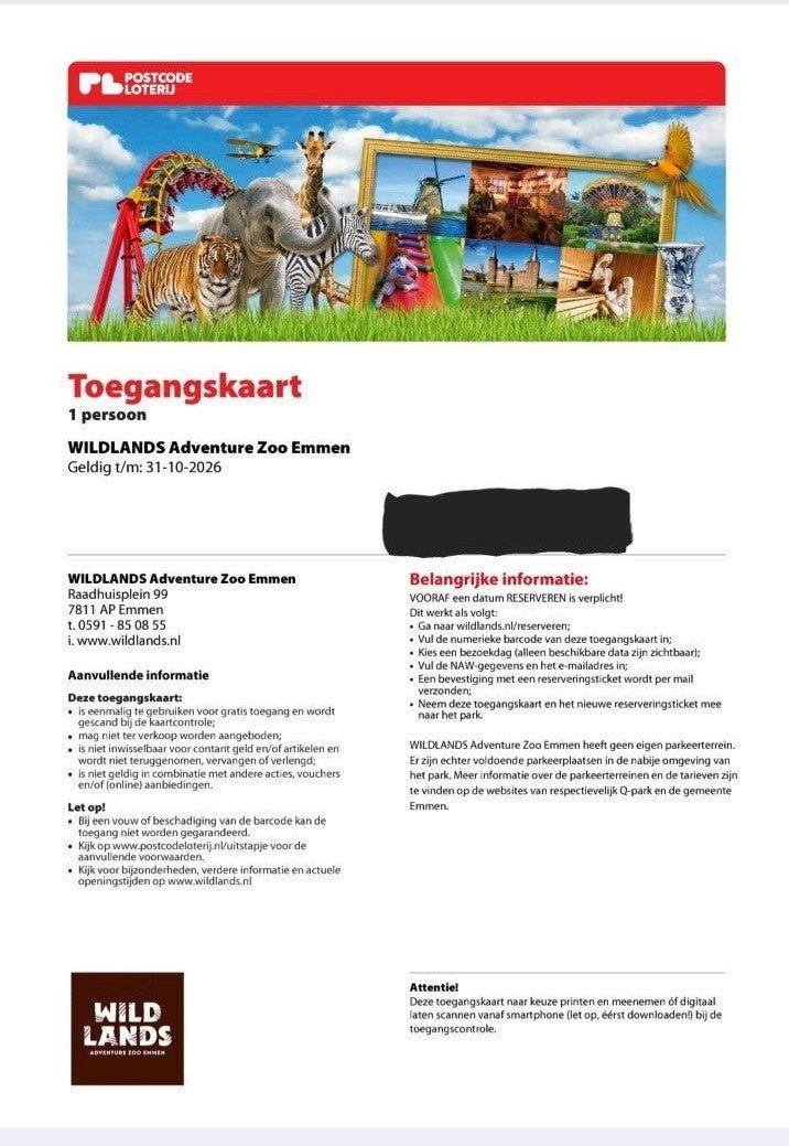 Wildlands tickets  4 stuks, Tickets en Kaartjes, Recreatie | Dierentuinen, Drie personen of meer, Ticket of Toegangskaart