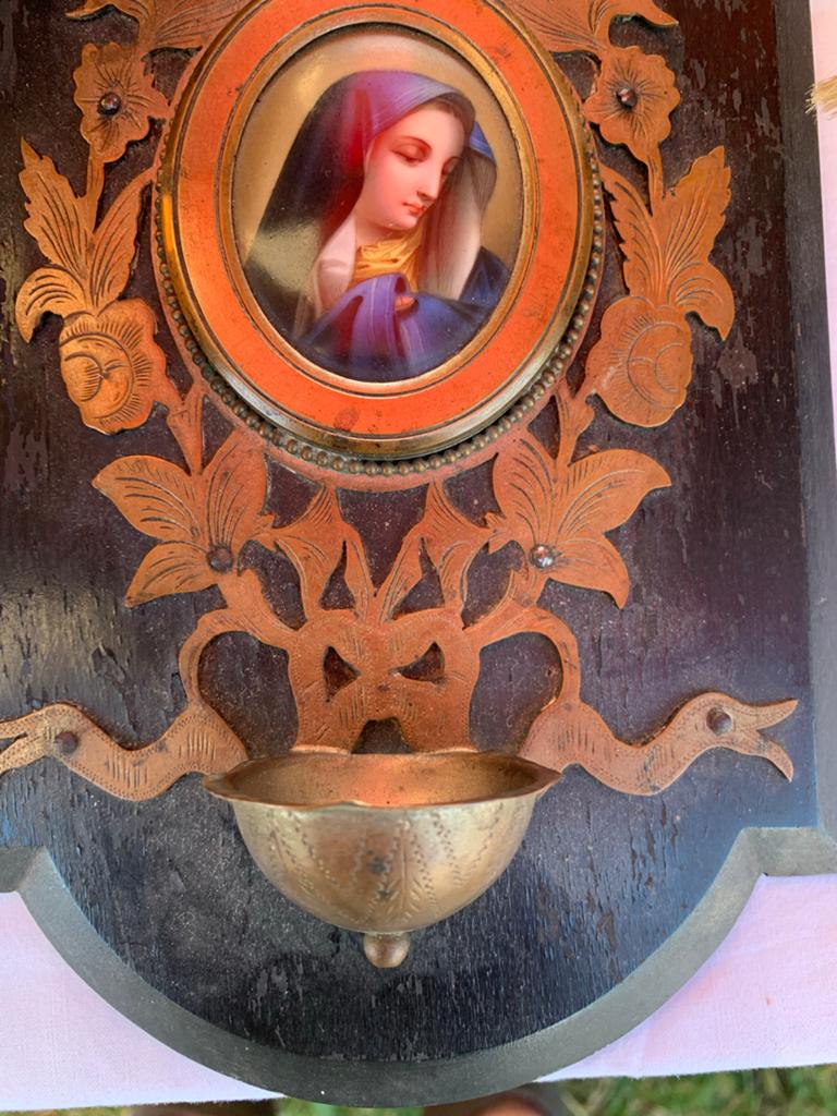 Antiek wijwatervat met porseleinen plaque Maria, Antiek en Kunst, Ophalen of Verzenden