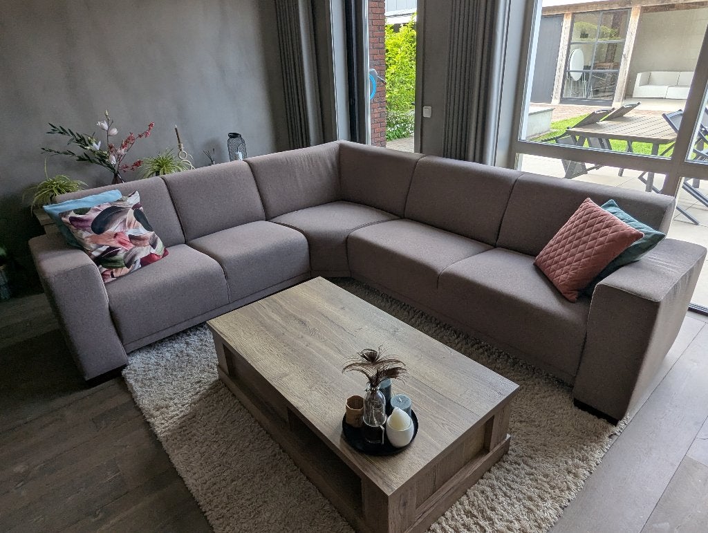 Hoekbank en fauteuil grijs, Ophalen, 250 tot 300 cm, Gebruikt, Hoekbank