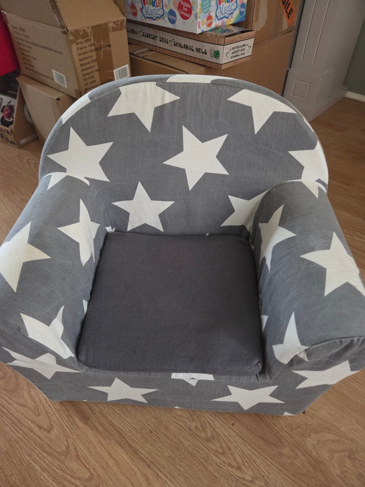 Stoffen kinderfauteuil grijs met witte sterren, Ophalen, Zo goed als nieuw, Stoel