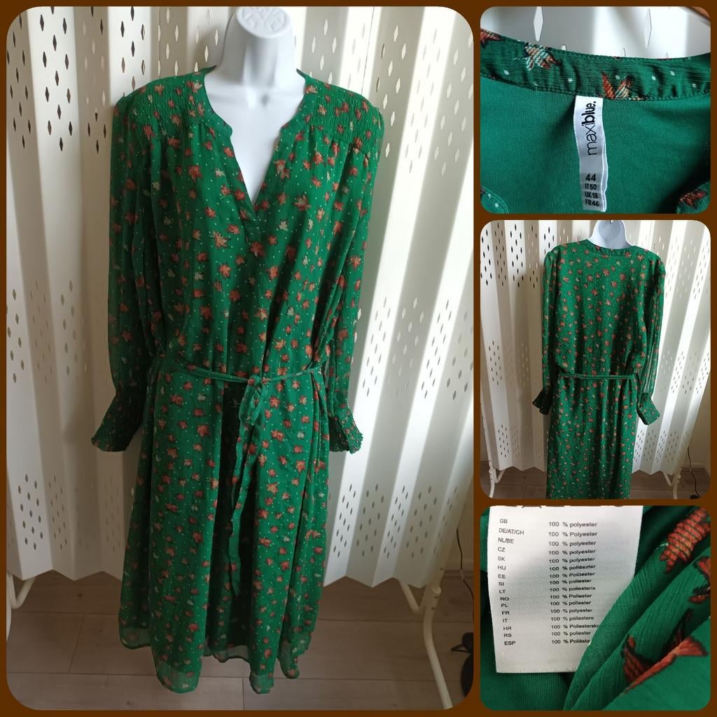 Maxiblue groene damesjurk blaadjesprint onderjurk 44, Maat 42/44 (L), Ophalen of Verzenden, Zo goed als nieuw, Maxiblue