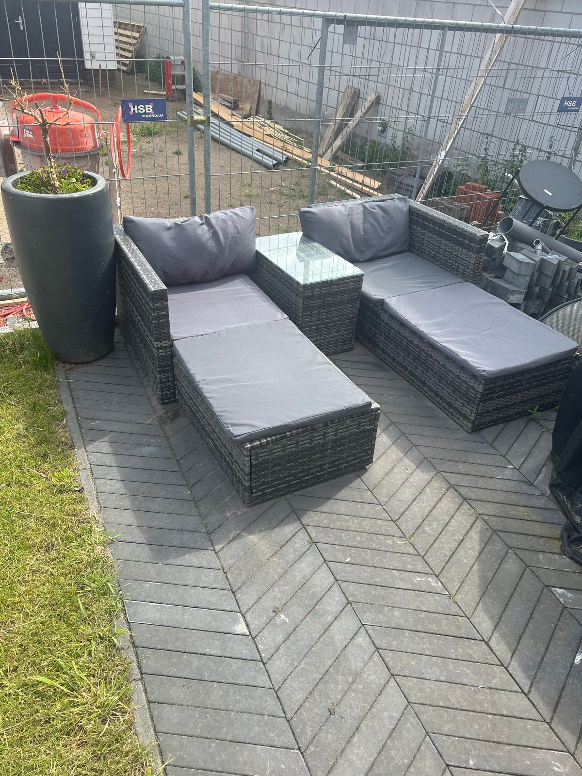Tuin loungeset met 2 ligbankjes en tafel 170x180 met kussens, Gebruikt, Loungeset, Wicker, Bank