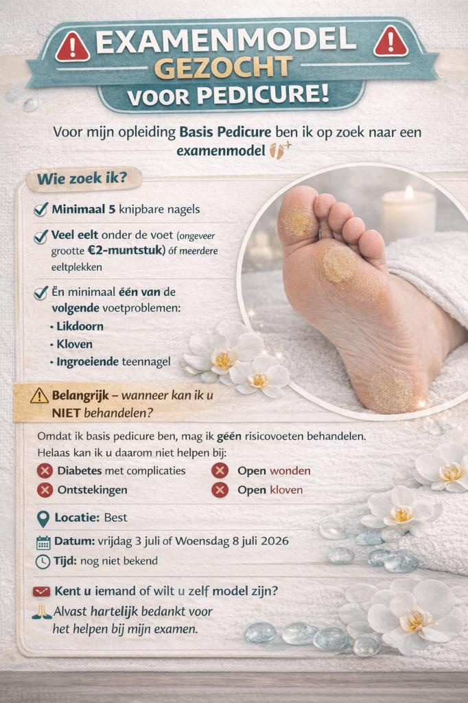Pedicure model gezocht, Vacatures, Vacatures | Modellen, 33 - 40 uur, MBO, Overige vormen