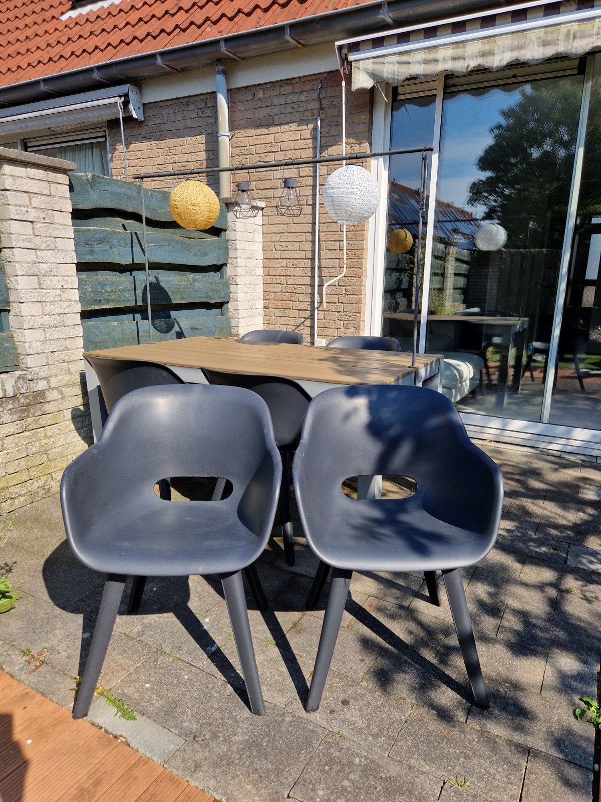 2 antraciet grijze kuipstoelen, Tuin en Terras, Ophalen, Zo goed als nieuw, Kunststof
