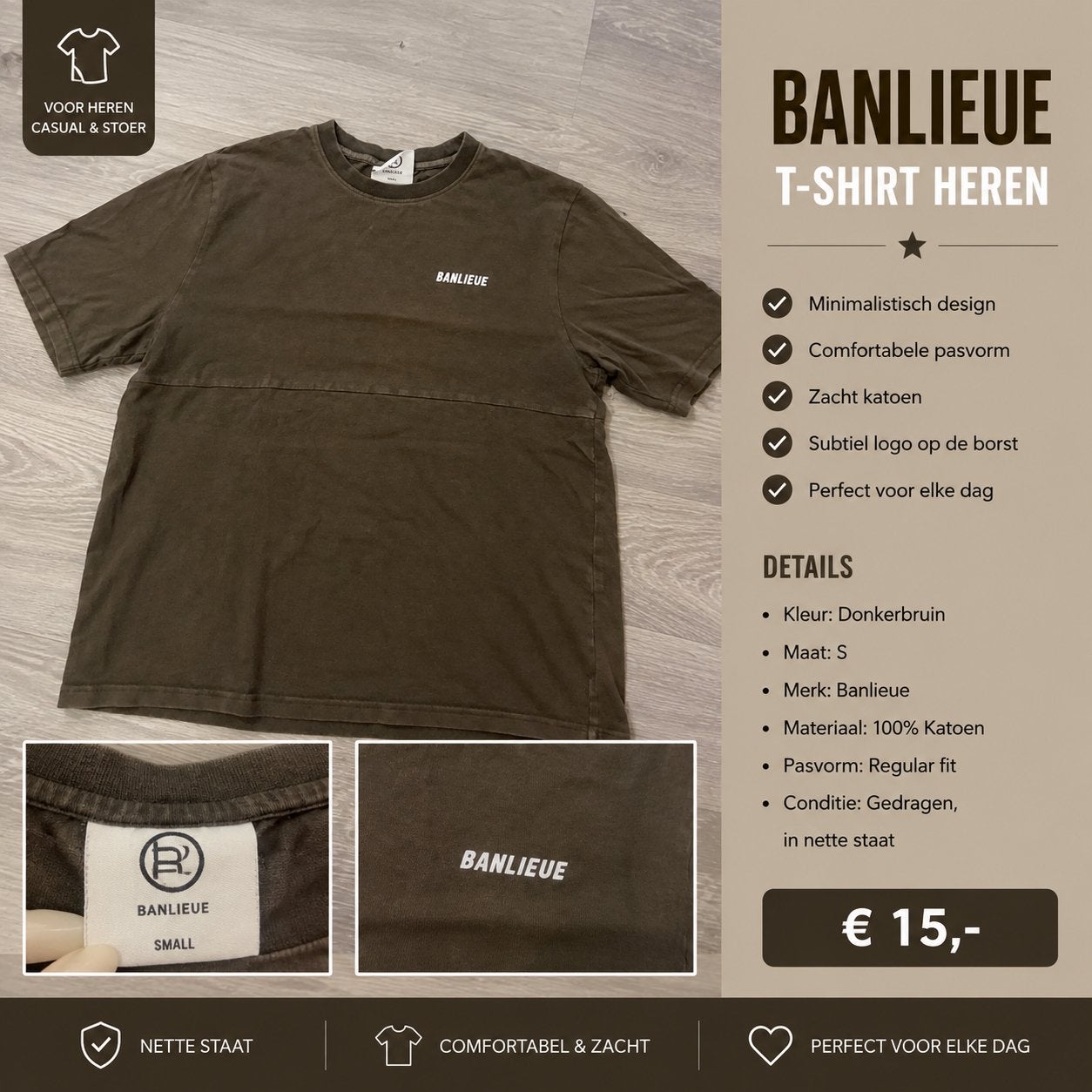 Banlieue T-shirt Heren - Donkerbruin - Maat S, Ophalen of Verzenden, Gedragen, Maat 46 (S) of kleiner, Bruin