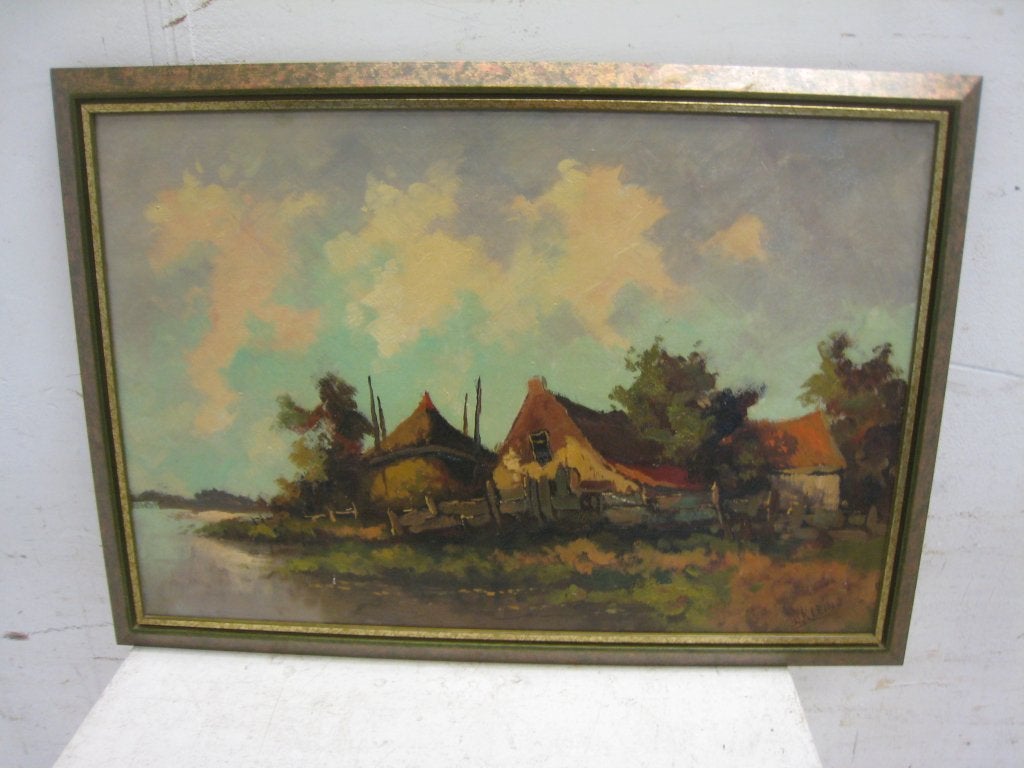 W,Klein, olieverf boerderijen aan het water, 66x46