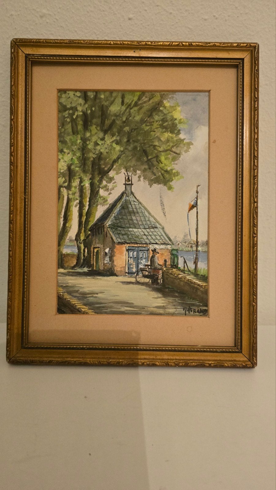 Oud Hollands tafereel: Huisje aan het water, gesigneerd, Antiek en Kunst, Ophalen, Oud hollands, Gesigneerd, Aquarel