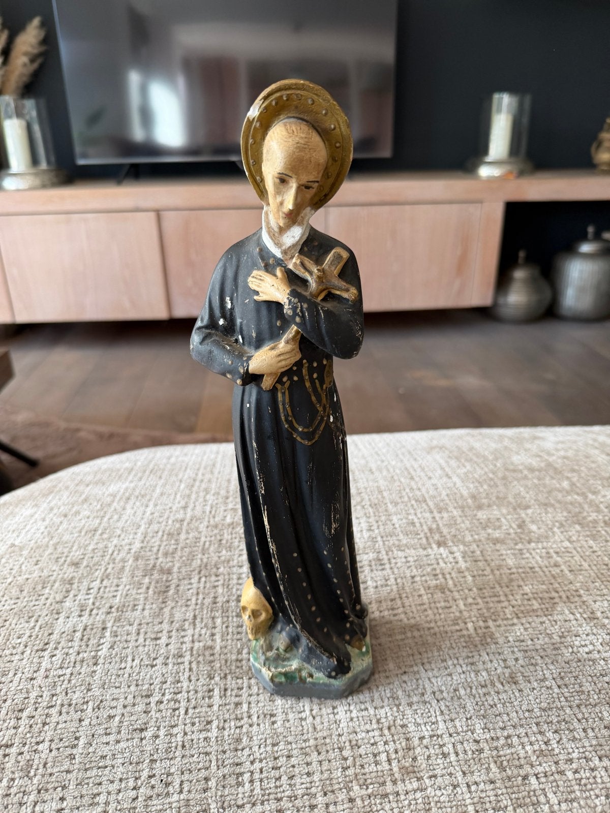 Antiek beeld van Sint Franciscus met kruis en schedel, Ophalen of Verzenden