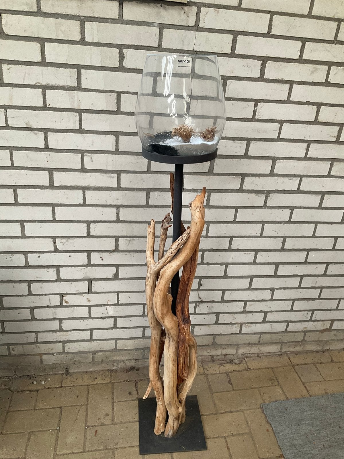 Unieke decoratieve standaard met glazen vaas, Huis en Inrichting, Hout, Gebruikt, Ophalen of Verzenden, Landelijk