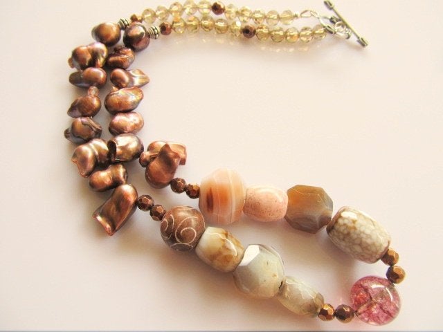 Ketting A lot of Brown agaat-kristalglas-jade-parels zilver, Ophalen, Bruin, Met edelsteen, Nieuw