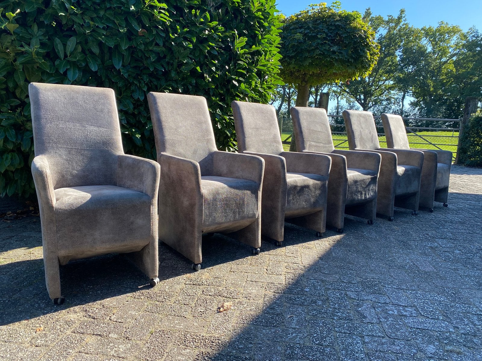 6 luxe eetkamerstoelen met armleuning, handgreep en wieltjes, Ophalen, Gebruikt, Bruin, Stof