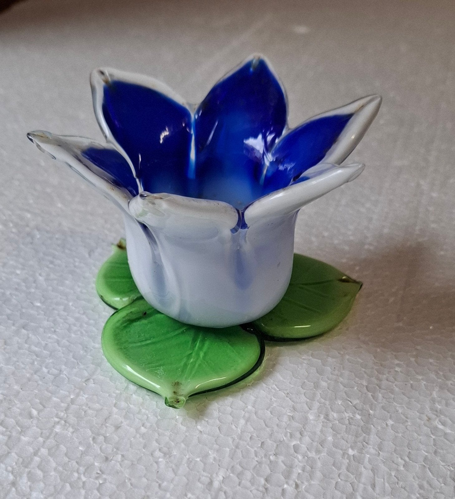 Glazen murano bloem theelichthouder blauw en groen, Huis en Inrichting, Gebruikt, Meerkleurig, Overige stijlen, Ophalen of Verzenden