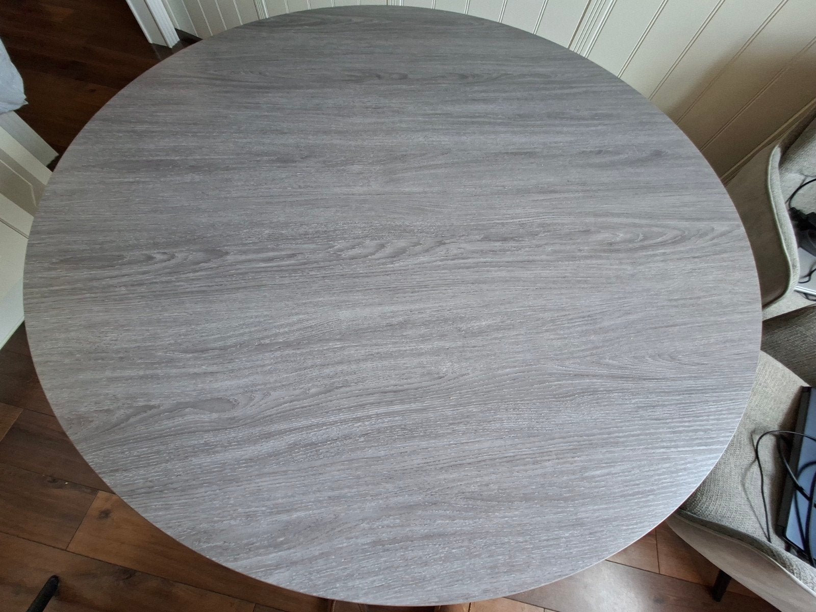 Ronde eettafel 120 cm / melamine blad (grijs)/metalen poten, Ophalen, Zo goed als nieuw