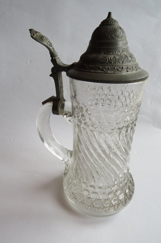 Antieke Beierse glazen bierpul met tinnen deksel c.1900, Ophalen of Verzenden