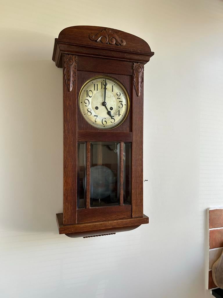 Houten wandklok met mooie klank, jaren 30, Antiek en Kunst, Ophalen