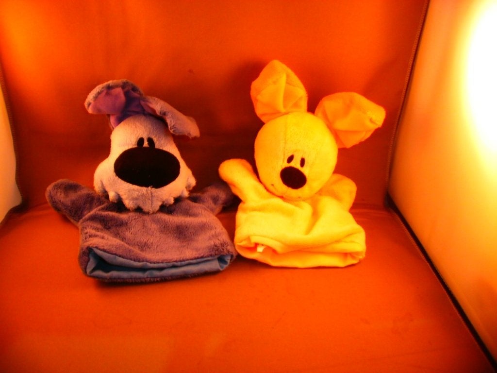 woezel en pip handpoppen paars en geel velours en zwarte, Overige karakters, Zo goed als nieuw, Wasbaar, Middelgroot (20 tot 80 cm)
