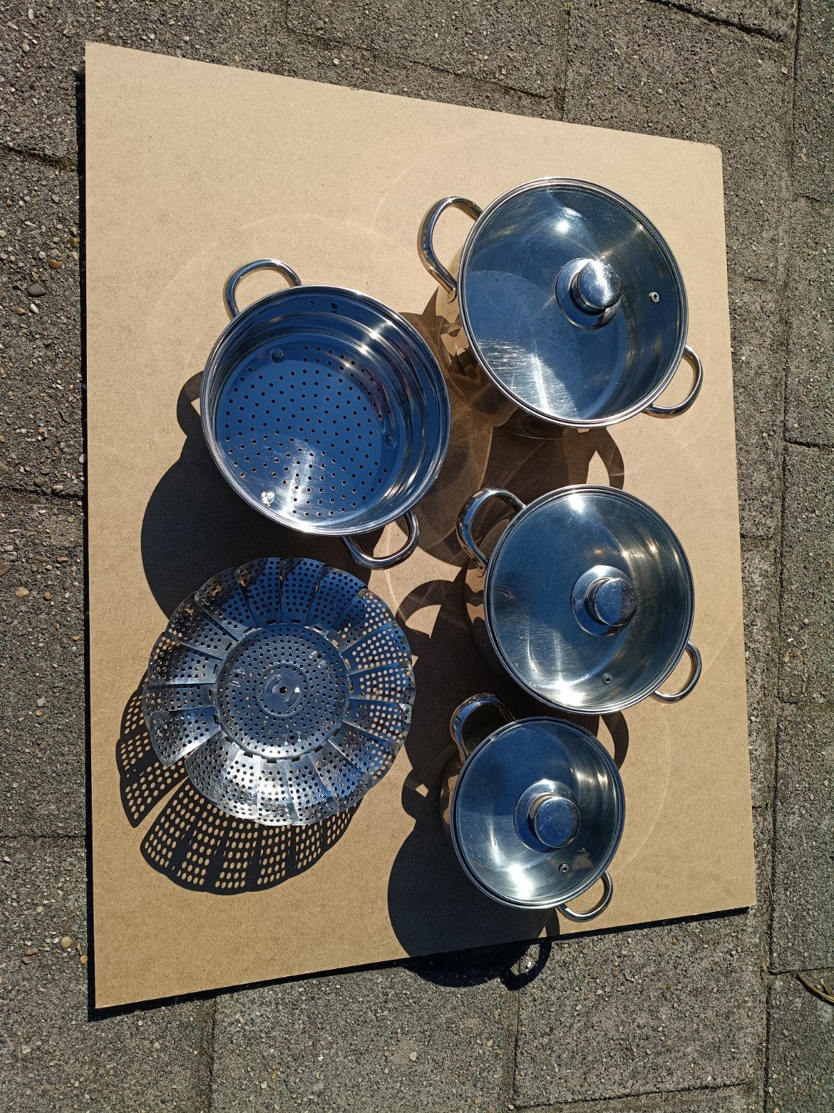 Pannenset RVS met deksels en stoominzet, Gebruikt, Met deksel, Pannenset, Ophalen of Verzenden