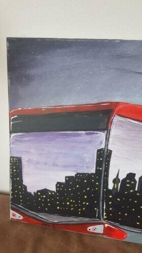 Schilderij weerspiegeling stadsgezicht in ramen van de tram, Ophalen