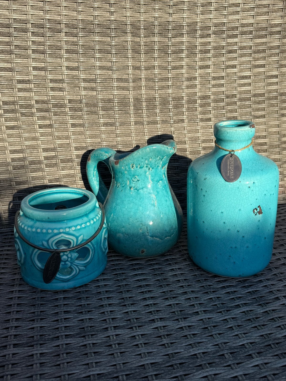 Set van 3 turquoise vazen/kannen, Gebruikt, Overige kleuren, Met patroon/structuur, Ophalen of Verzenden