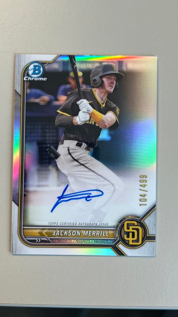 Jackson Merrill 2022 Bowman Chrome Prospect Auto Refractor, Ophalen of Verzenden, Zo goed als nieuw, Buitenlandse clubs