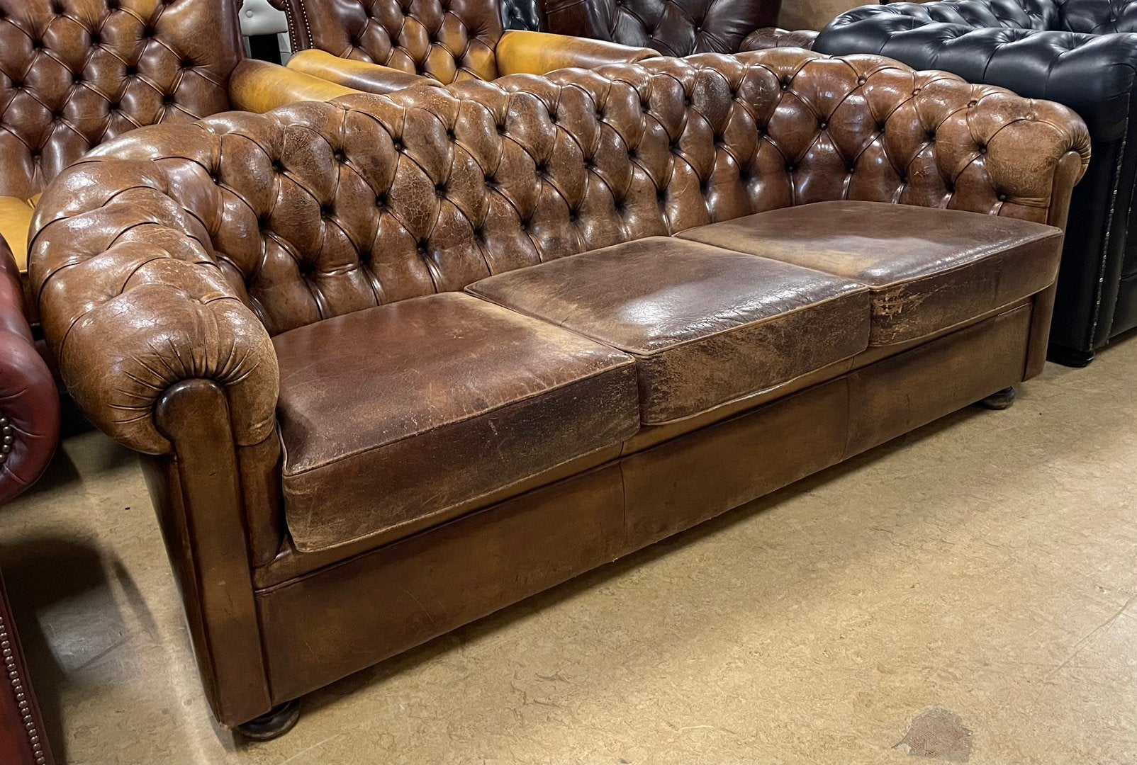Prachtige Schaapslederen Chesterfield Bank 3 Zits Bruin., Huis en Inrichting, Ophalen of Verzenden, Gebruikt, Leer, Chesterfield
